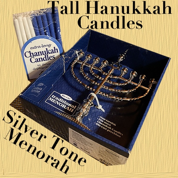 Silvertone Menorah & Box of 44 Tall 5" Candles - Traditional design, Brand New - Picture 2 of 6